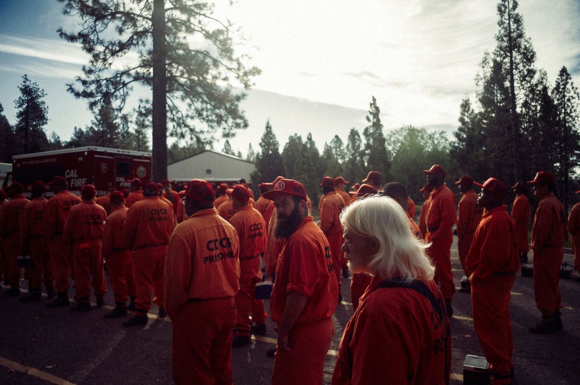 Inmate firefighters line up to deploy for a day's work at Growlersburg Conservation Camp in November, 2016.