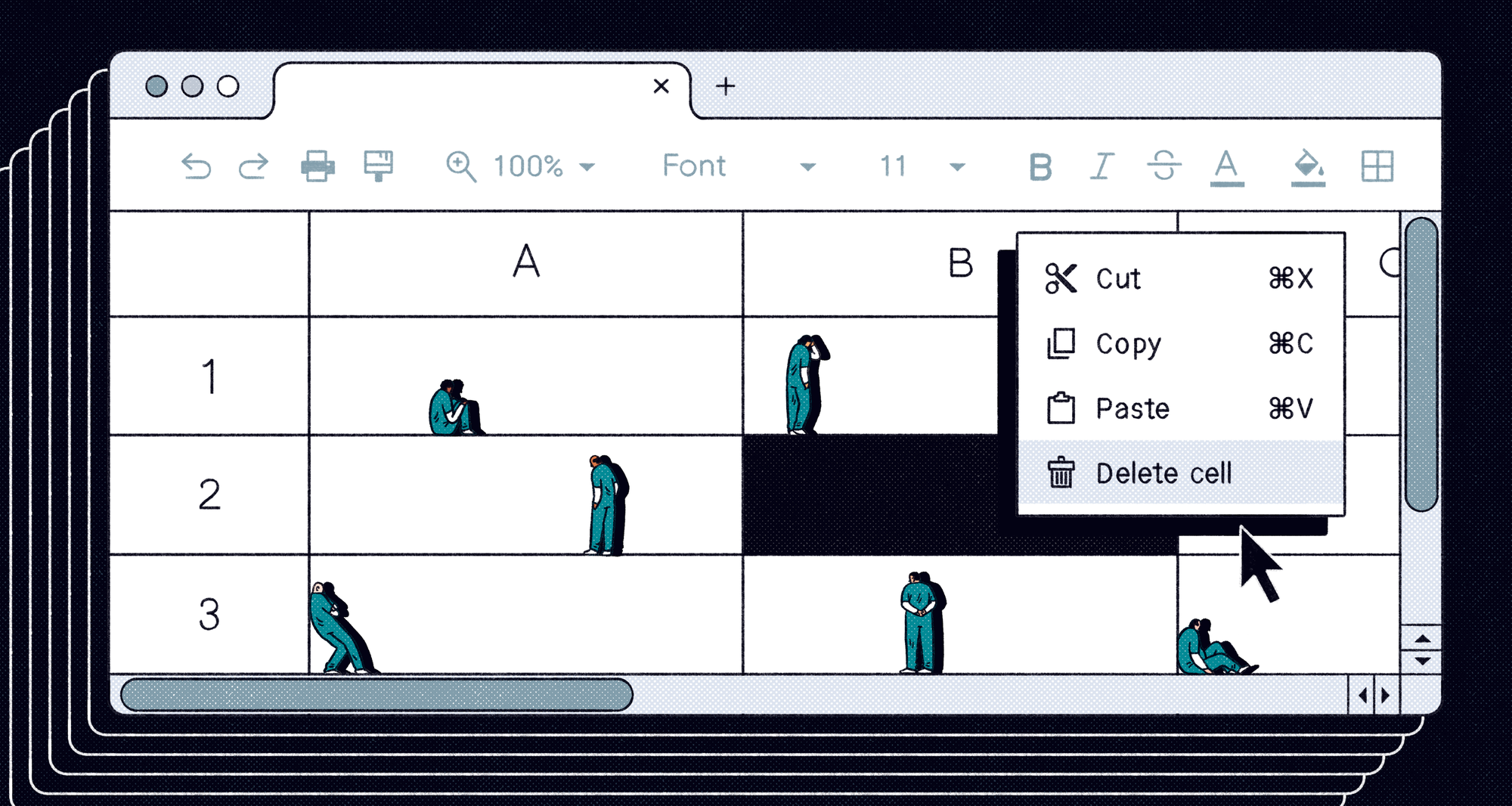 An illustration shows a spreadsheet, where the cells contain small drawn figures of people in teal-colored jumpsuits in different poses (sitting, standing, leaning). On the right is a menu of options: Cut, Copy, Paste and Delete Cell. Delete Cell is highlighted.  