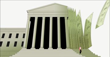 A person walks down the steps of a looming courthouse, while hundred dollar bills that are the same size and scale as the courthouse columns fly off to the right.   