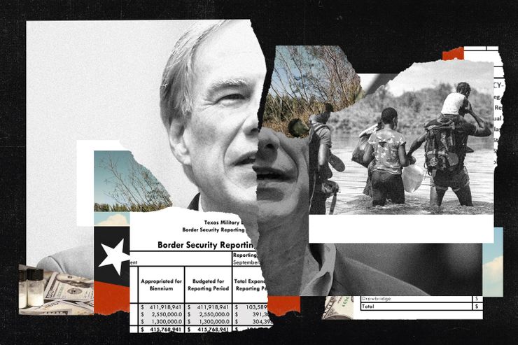 A photo illustration shows Governor Greg Abbott's face torn in half, with one half of his face brighter and the other half of his face slightly darker.  There is also an image of migrants crossing the Rio Grande River, a portion of a spreadsheet showing border security costs, powdered fentanyl near hundred dollar bills, and torn sections of trees and sky.   