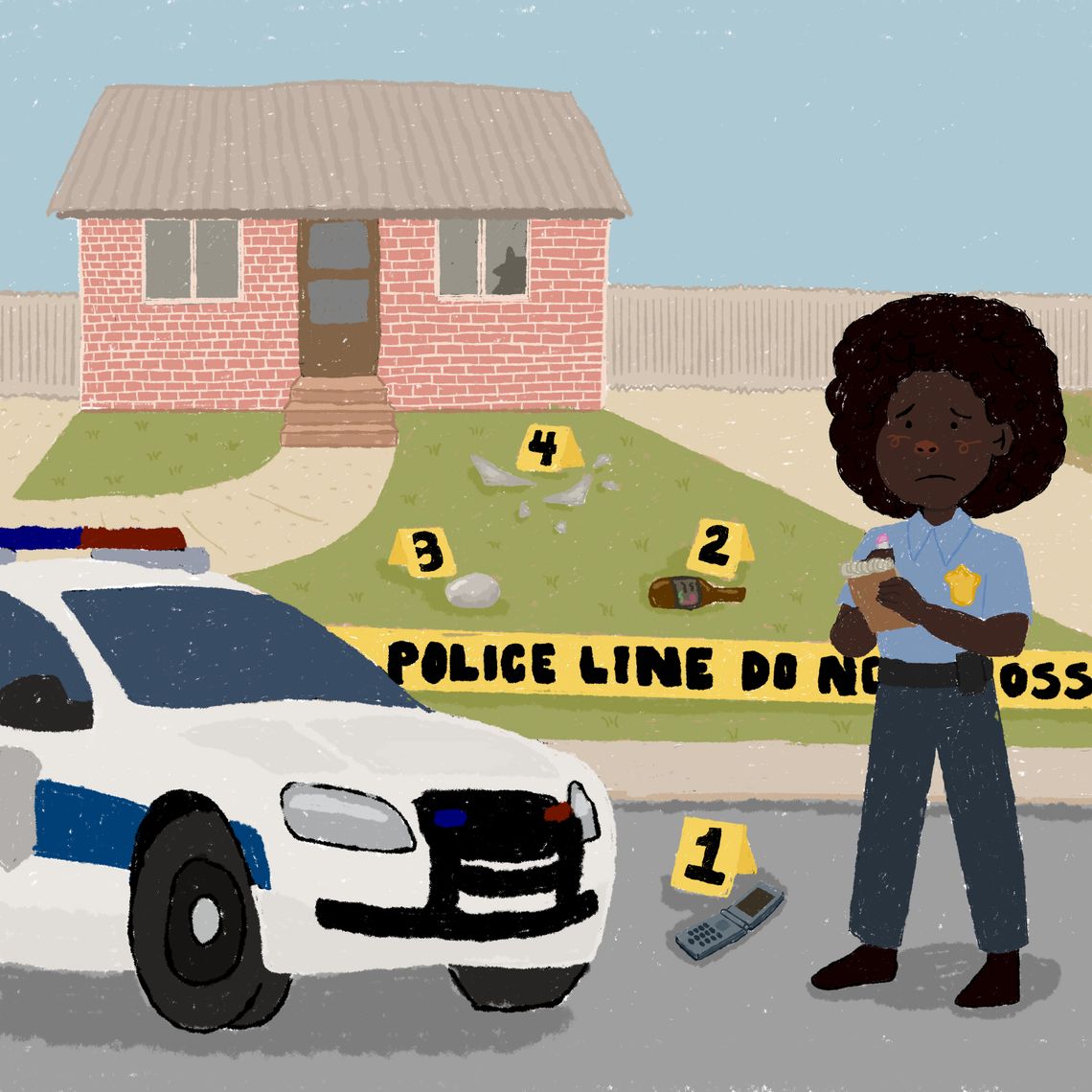 An illustration shows a crime scene investigation with a house surrounded by police tape and four evidence number cards placed on the ground. A police car is parked on the road, and a Black police officer takes notes while standing to the right of the vehicle. 