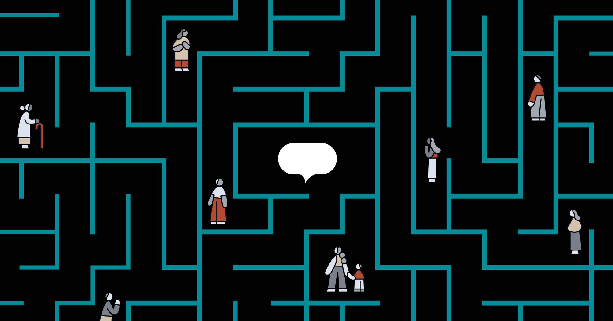 An illustration shows a maze made up of teal blue lines, on a black background. Interspersed in the maze are nine simplified figures of people of different genders and ages. In the center of the maze is a white speech bubble.