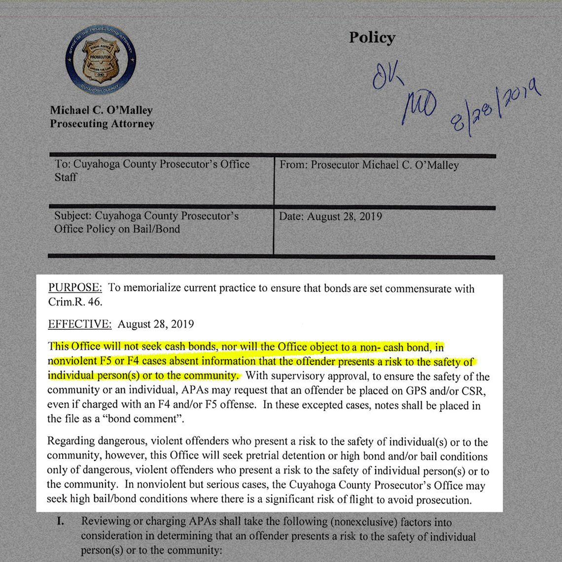 A memo with highlighted text reading: “This Office will not seek cash bonds, nor will the Office object to a non-cash bond, in nonviolent F5 or F4 cases absent information that the offender presents a risk to the safety of individual person(s) or to the community.” 