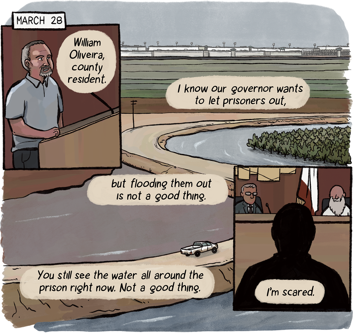 A man of medium skin tone named William Oliveira says at a county supervisors meeting on March 28 that he doesn’t want prisoners to be flooded out, and adds, “I’m scared.” A scene as a pick-up truck drives along the water, and another of the prison in the distance. 
