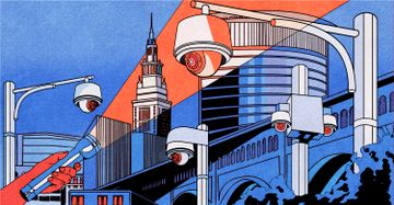 An illustration shows a person using a flashlight to shine light on a security camera. Buildings and additional security cameras are featured in the background. 