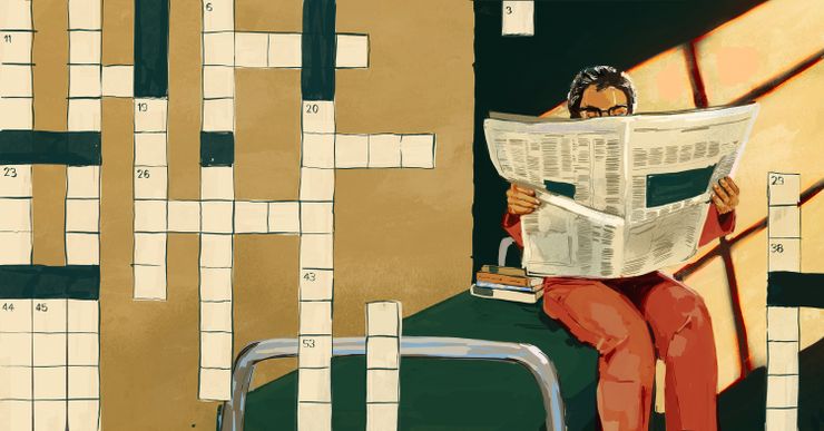 An illustration shows Susan Begg in an dark orange prison uniform, reading a newspaper while sitting on top of her prison bed. Various crossword puzzle columns and rows are displayed at the foreground. 