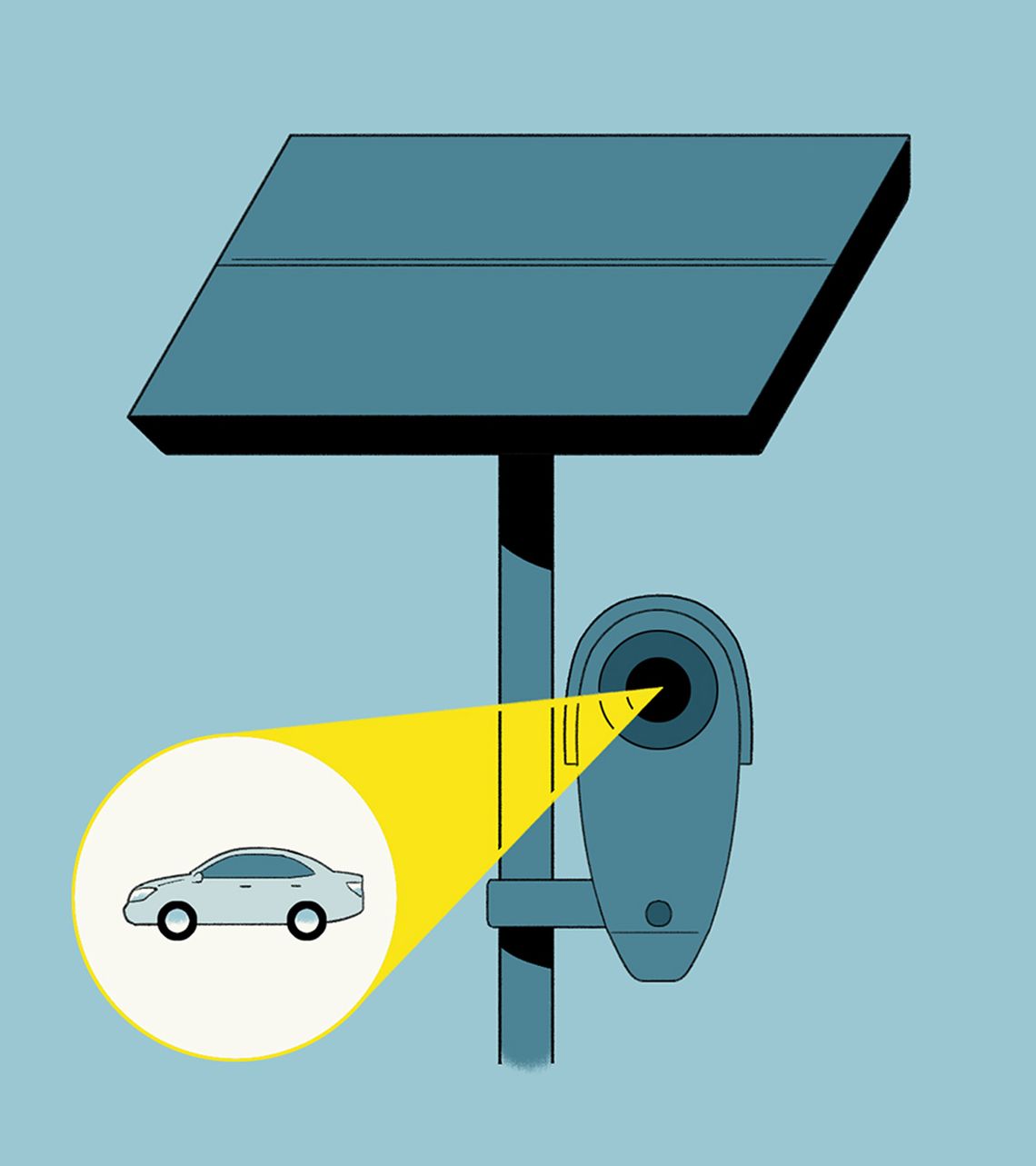 A blue-colored illustration shows a surveillance camera on a pole with a solar panel with a yellow spotlight on a car.