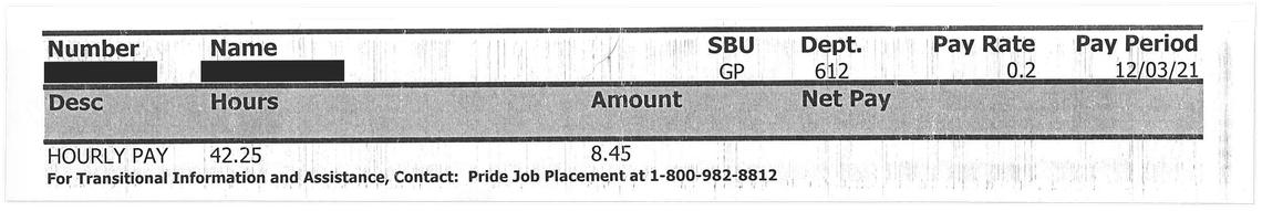 A pay stub from Fugee’s job with the Florida Department of Transportation. He made 20 cents per hour, for a total of $8.45 for more than 40 hours of data entry.