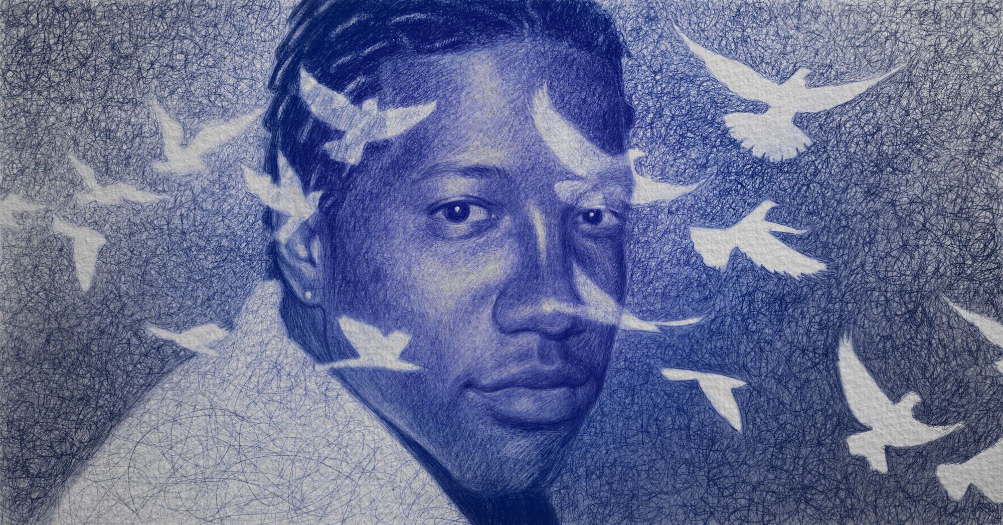 An illustration shows a portrait of a Black man in blue and black ballpoint pen ink. White silhouettes of birds flying overlap his face. 