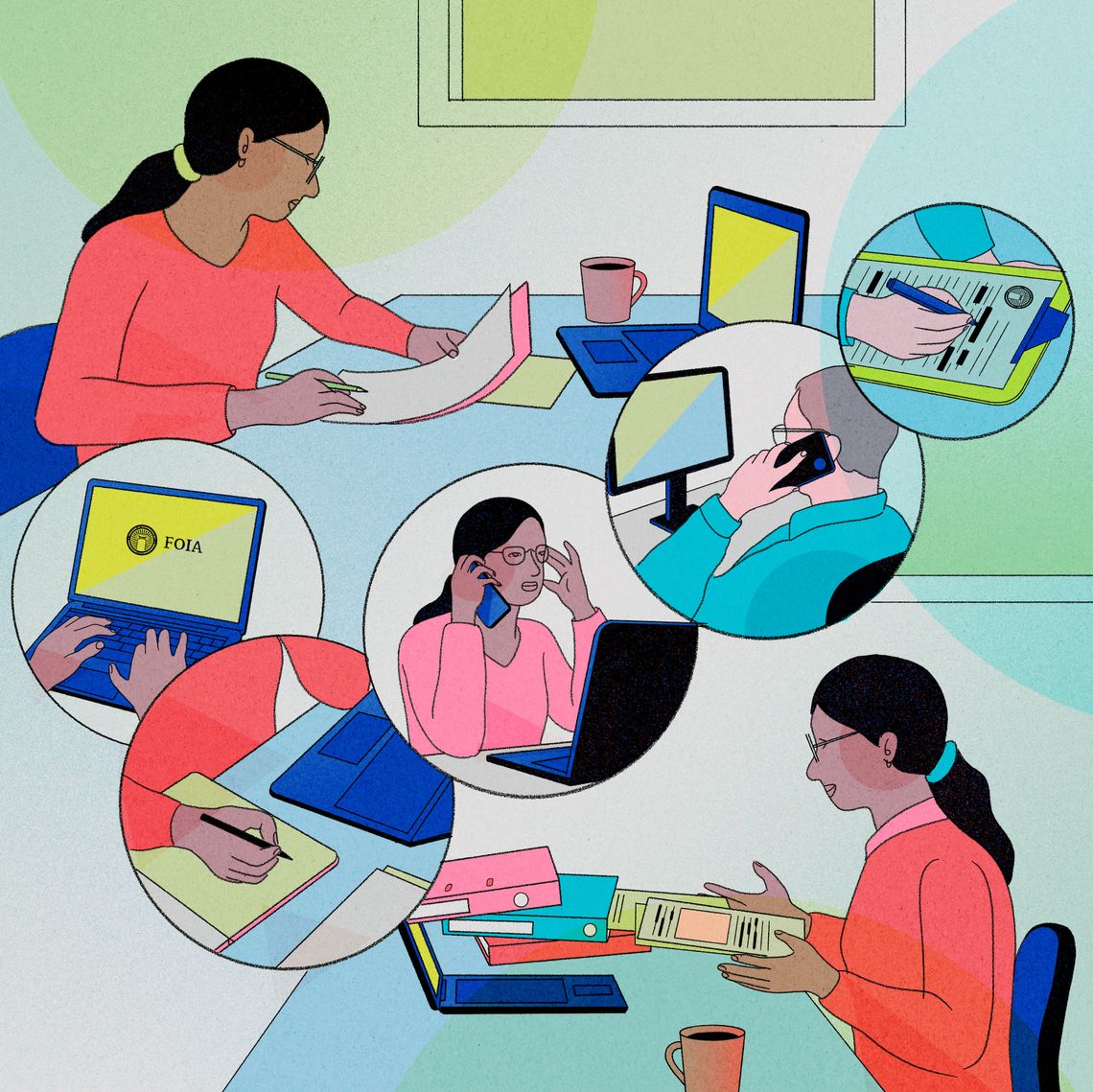 An illustration shows, at the top left, a woman with medium-toned skin holding papers and sitting in front of a laptop. Five circles are situated in sequence diagonally across the illustration. Inside the circles, from left to right are: hands typing on a laptop with the word “"FOIA” on the screen; a hand writing on a notepad as a laptop is partially visible; a woman talking on a cellphone while sitting in front of a laptop; a man talking on a cellphone in front of a desktop screen; and a hand redacting a document. At the bottom right of the illustration is a woman receiving documents and binders that are flying out of a laptop screen. 