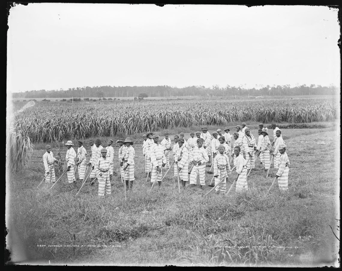 A black-and-white photo shows a group of Black children wearing striped pale uniforms and holding tools, standing in front of agricultural fields. 