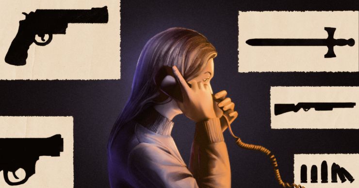 An illustration shows a woman, in shades of purple and orange, facing the right side of the image, holding a phone to her ear that is connected to a coiled cord. Five beige rectangular boxes surround her. Clockwise from the lower left, the  boxes show silhouettes of a gun, another gun, a sword, a rifle, and bullets. 