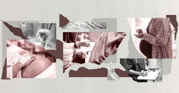 A collage shows images of a pregnant person in a hospital gown holding their belly, a doctor holding a scalpel, a doctor administering an epidural injection on the back of a patient, a hospital gown, a hair net, a doctor writing on a clipboard and a pregnant woman taking pills out of a bottle.