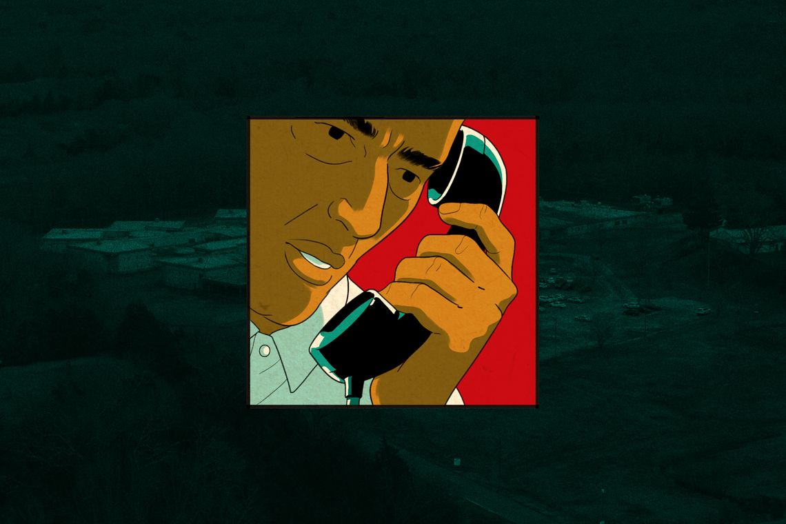 An illustration shows a jail employee with medium skin tone with a phone up to his ear. 