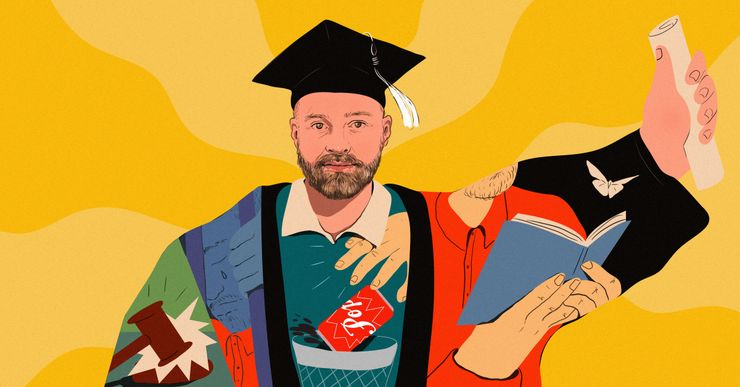 An illustration shows a bearded White man in a graduation cap, holding up a rolled-up diploma in his left hand. Drawn over his graduation robe are four sections: From left to right, they show a judge’s gavel, a crying man holding prison bars, a hand throwing a red soda can into a wastebasket, and a man reading a book while a butterfly flies nearby.  