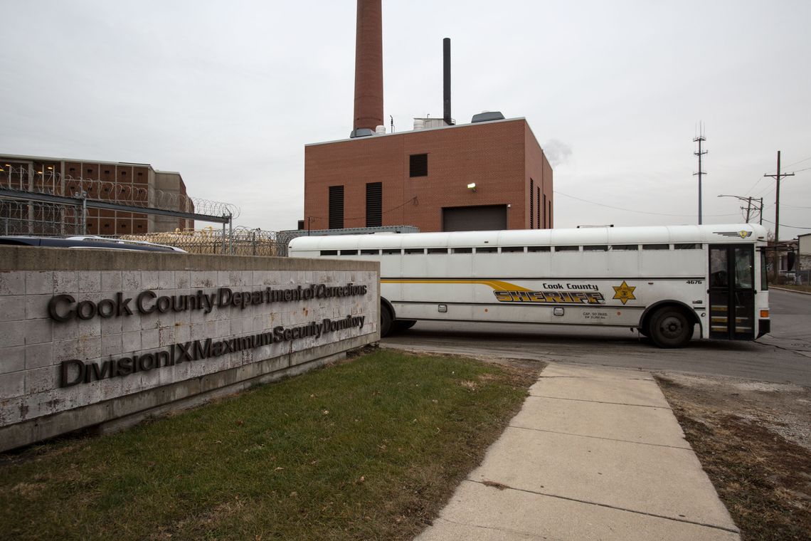 A Cook County sheriff's bus leaving the Cook County Jail.