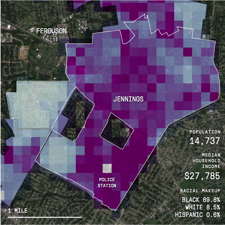 Jennings, divided into HunchLab squares on the morning of December 15, 2015. The DARKER THE SQUARE, the greater the risk that a crime will occur.