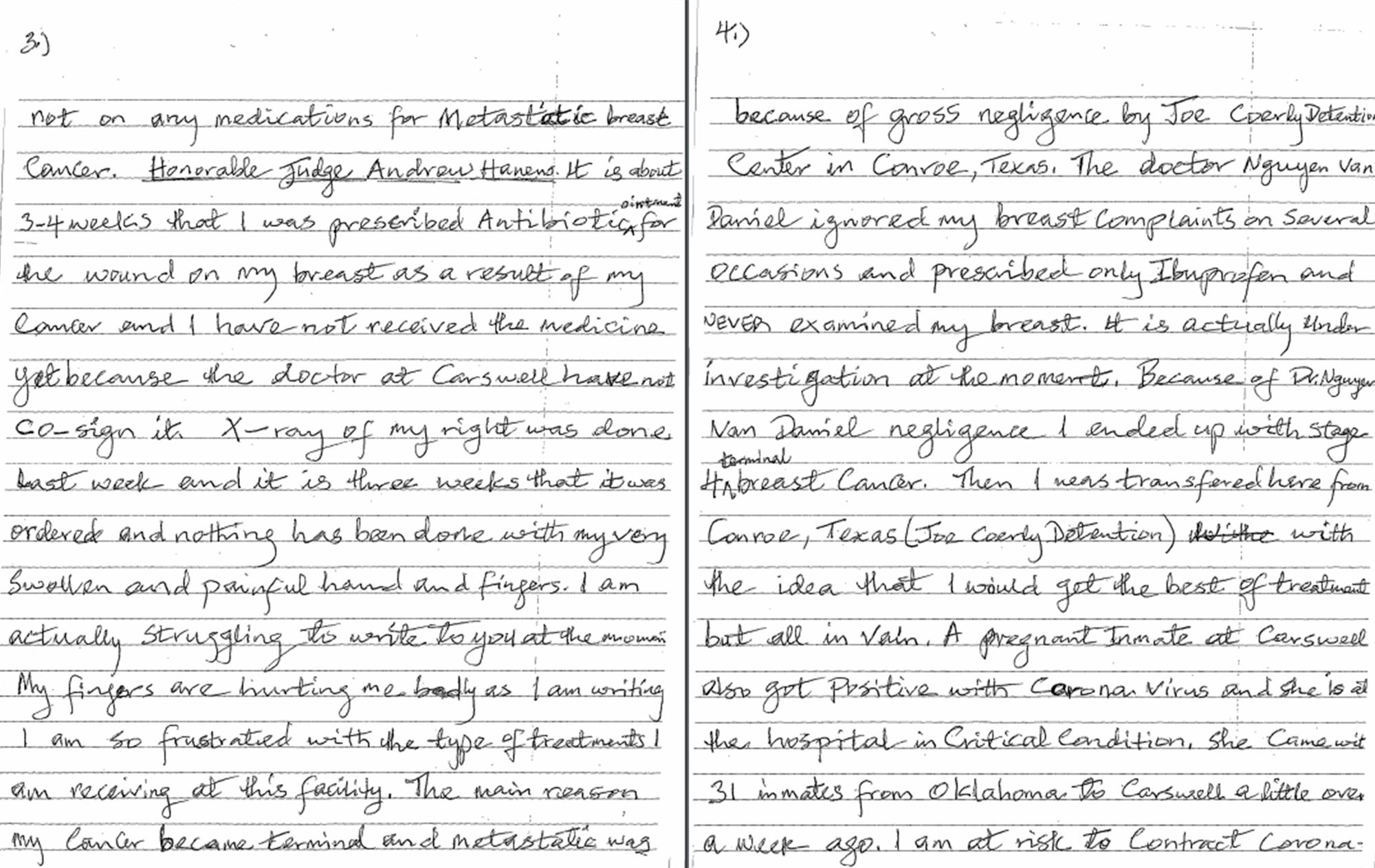 From the Carswell prison, Marie Neba wrote letters to U.S. District Court Judge Andrew Hanen complaining about poor medical care and her worsening health as the pandemic continued.