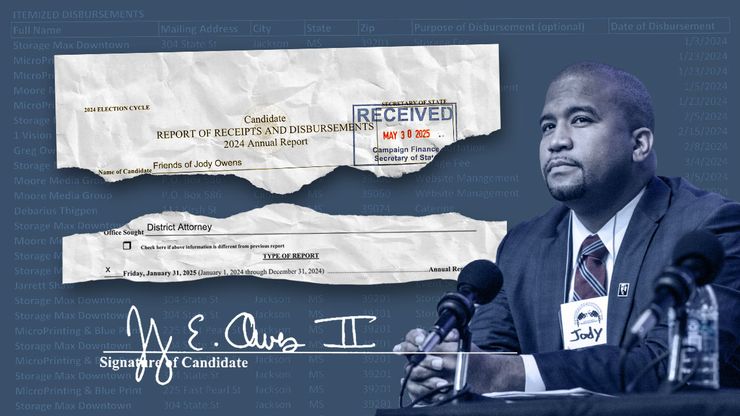 A photo collage with a navy blue background shows two torn sheets of paper, with the upper one reading: "Candidate: Report of Receipts and Disbursements, 2024 Annual Report" and "Name of candidate: Friends of Jody Owens," and the lower one reading "Office sought: District Attorney" and an x marked next to a line that reads "Friday, January 31, 2025 (January 1, 2024 through December 31, 2024). Jody Owens's signature appears below the tears. To the right of the illustration is a photo of Jody Owens, in navy blue and white tones.  