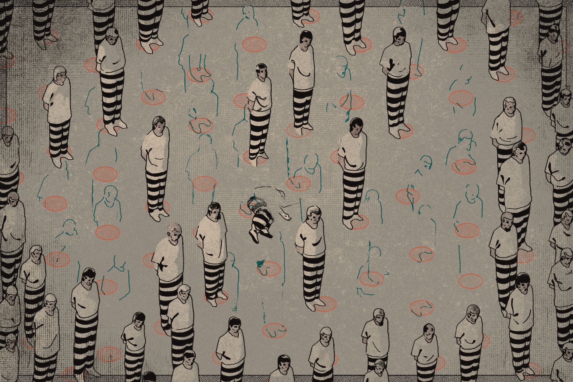 An illustration shows an overhead view of a crowd of incarcerated people wearing plain shirts and striped pants. The people are standing with their arms behind their backs while one person, shown with a faded outline, lies on the floor. Between the people are faded blue outlines of other incarcerated people over orange circles.