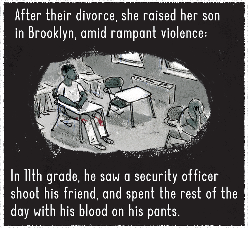 After his parents’ divorce, she raised her son in Brooklyn, amid rampant violence: In 11th grade, he saw a security officer shoot his friend, and spent the rest of the day with the blood on his pants. A teenage Belcher is pictured at a school desk with blood on his pants. 