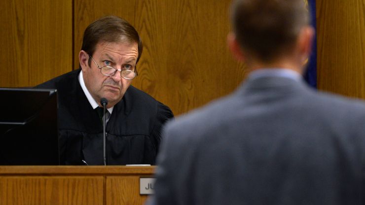 Judge James Brady presides over the preliminary hearing for a defendant charged with first-degree felony murder in Provo, Utah, in August.