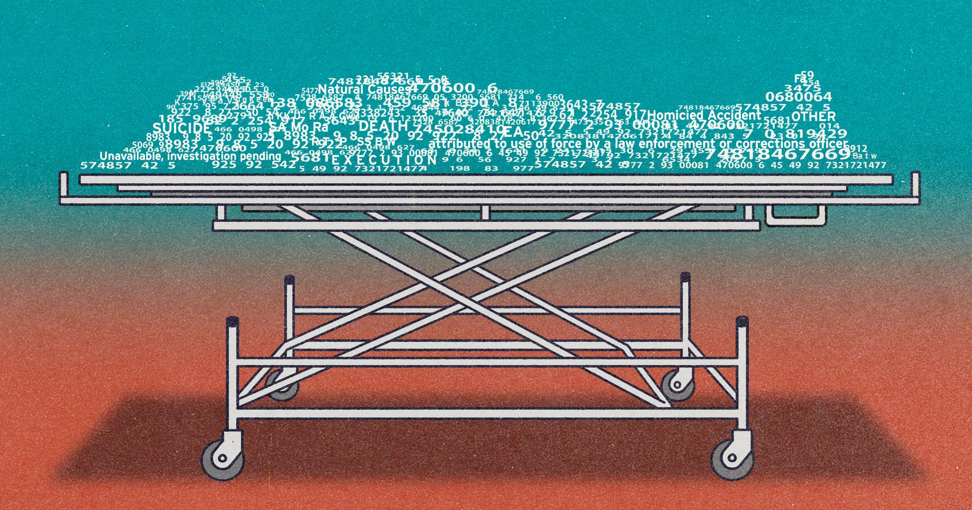 An illustration shows random numbers and text, including words such as "death," "natural causes" and "suicide" within a silhouette of a body lying down. The silhouette is on top of a gurney. The background is teal and orange. 