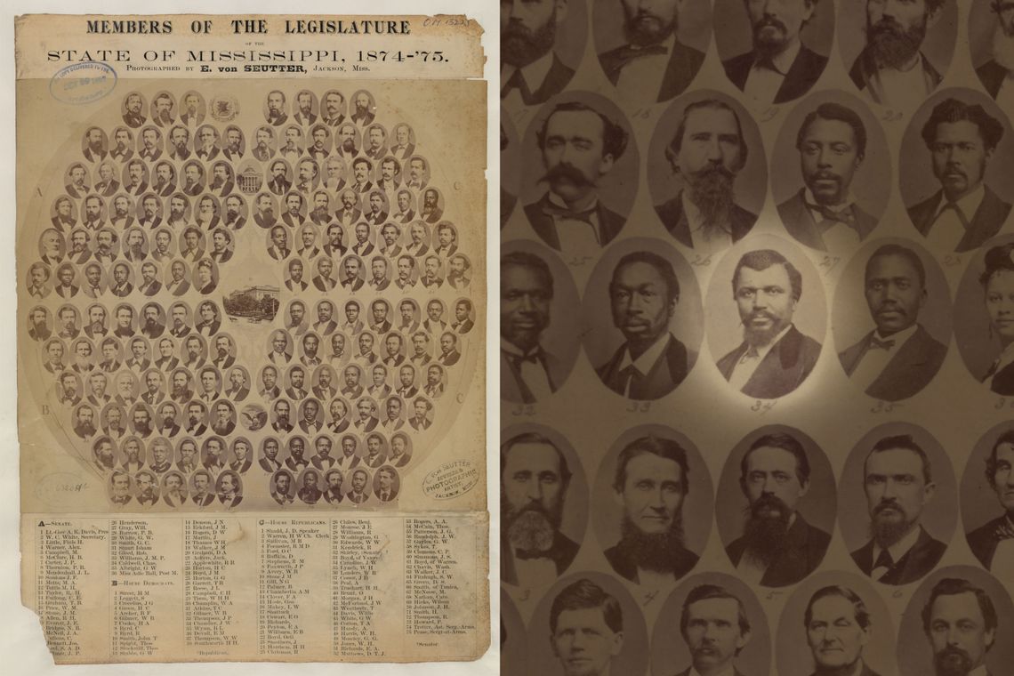 One side of the image shows a sepia-toned montage of more than 100 photo portraits of the members of the Mississippi State Legislature in 1875. The other side zooms in on the portrait of Charles Caldwell, a Black representative. 