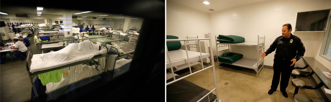 A crowded dorm room inside the Los Angeles County Jail in 2014; Sgt. Steve Bowles of the Seal Beach Detention Center in Seal Beach, Calif., gives a tour of a jail dorm where pay-to-stay participants can watch television.