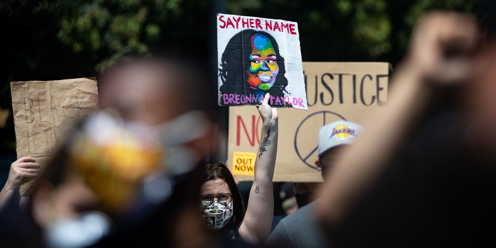 Protesters at a Black Lives Matter march in Los Angeles, in July.