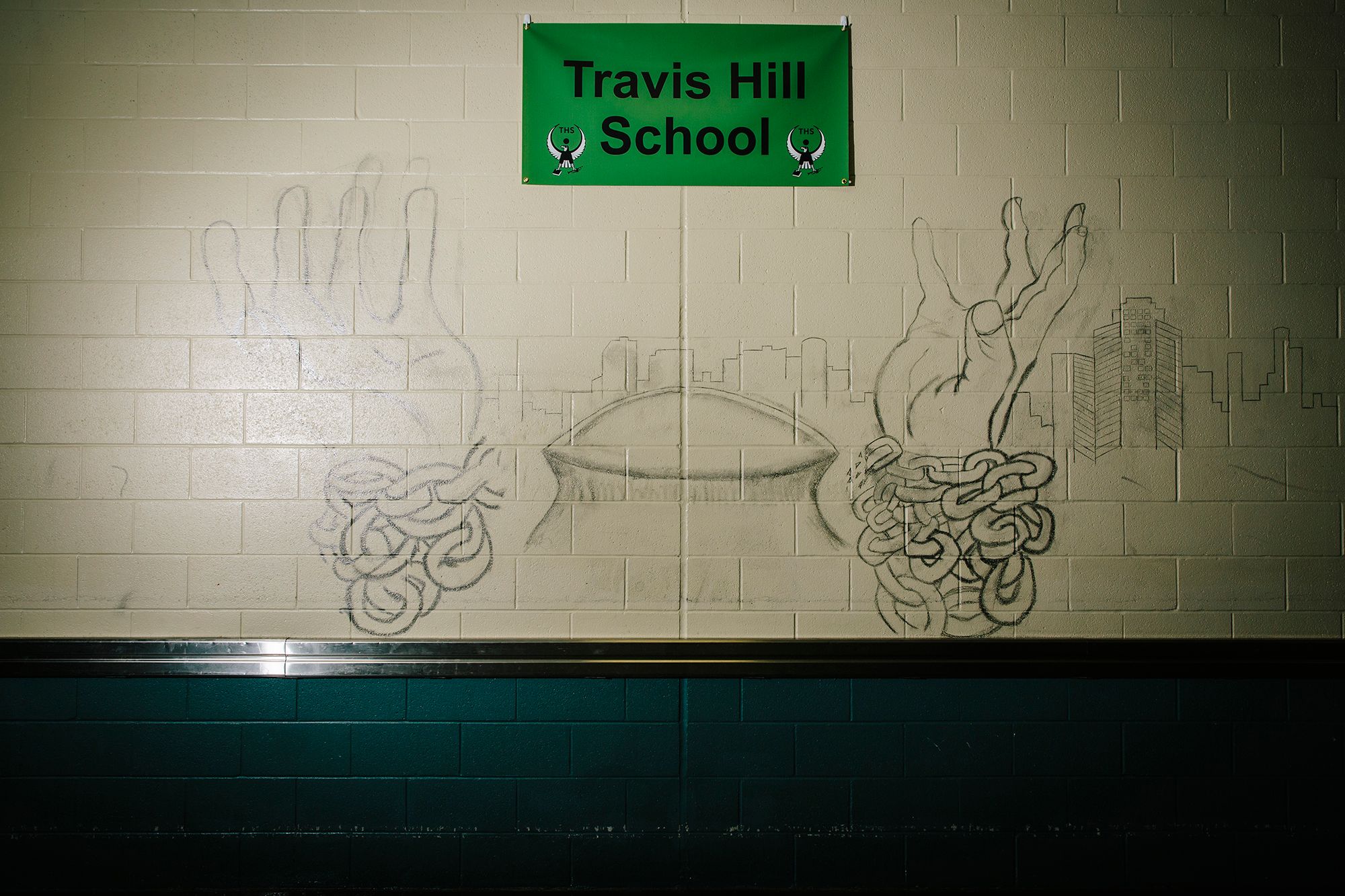 An unfinished mural in a hallway outside of the Travis Hill School inside of the Orleans Justice Center on April 25, 2018 in New Orleans, Louisiana. (Edmund D. Fountain for The Marshall Project)