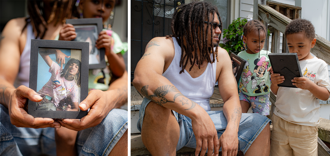 A diptych shows a photo of a Black man holding a framed photo of his brother on the left, and a photo of the same man with two young Black children looking at framed photographs on the right. 