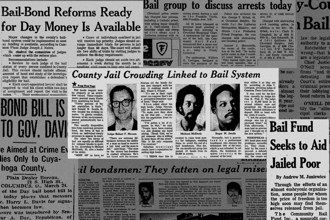 A black and white collage of seven news clippings about calls for bail reform in Ohio. 