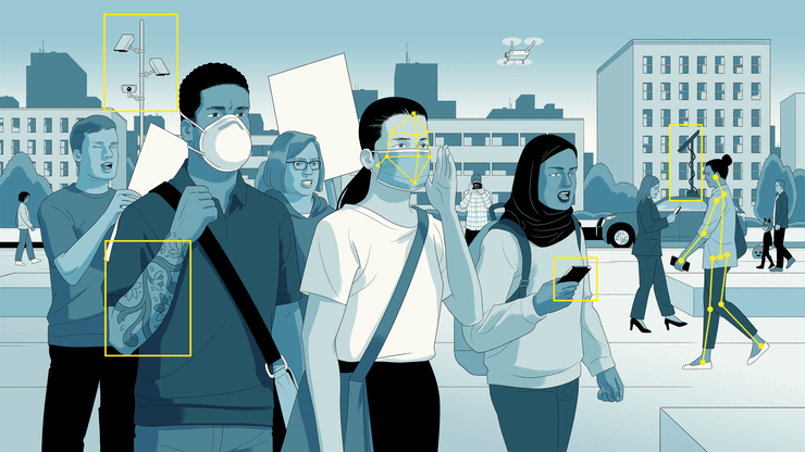 An illustration shows a scene of protesters walking through a city, near other people who are not protesting. Around them are surveillance cameras, a drone and a police vehicle with an antenna. Two protesters in the foreground are wearing medical masks, one protester has a tattoo and another is holding a phone in her hand. The color scheme of the illustration features blue tones. Yellow boxes and lines highlight different ways a person can be surveilled. 