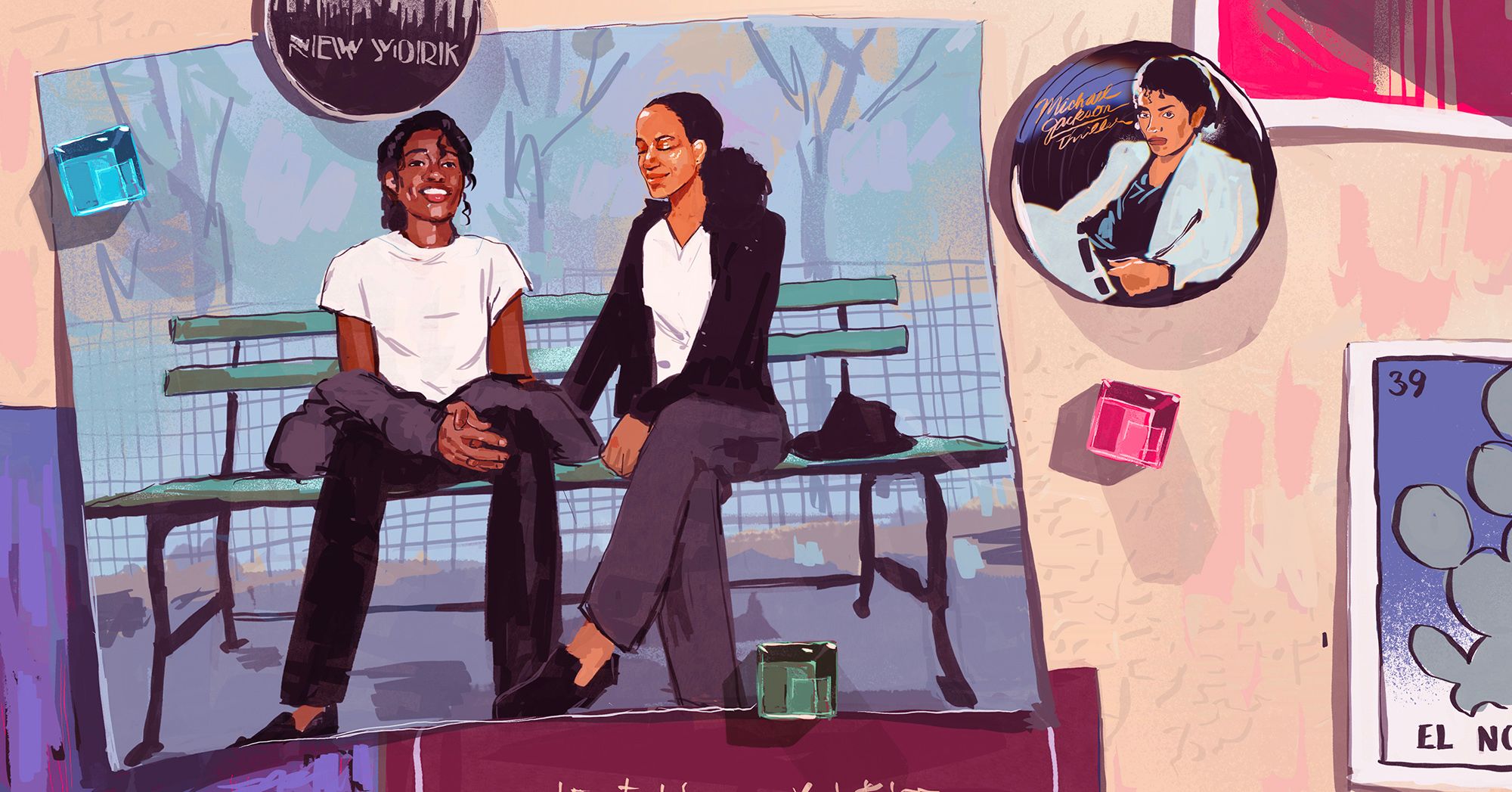 An illustration shows a picture on a refrigerator door of two Black people dressed up like Michael Jackson, wearing white shirts and black pants. The two of them are sitting on a bench. Other images and magnets of New York and Michael Jackson surround the picture. 