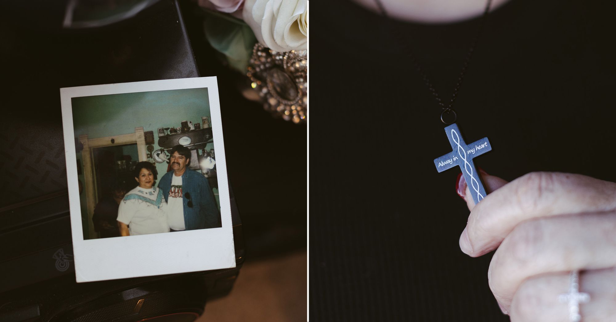 In the left image, a Polaroid is on a black table. It shows Armando Navejas, a medium light-skinned man with a mustache, standing with his wife Josephine, a medium light-skinned woman. In the right image, a light-skinned hand wearing a ring holds up a cross necklace with the label “Always in my heart”. 