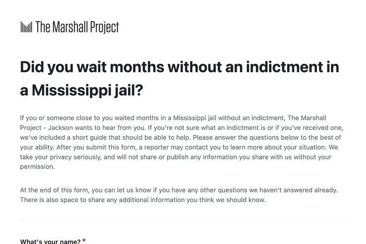 Were you, or someone you know, waiting in jail for months without an indictment? [Tell us about your experience in this form](https://airtable.com/appbsDMWyBG50OykC/pagmLkjCDCY5aG3Fc/form).