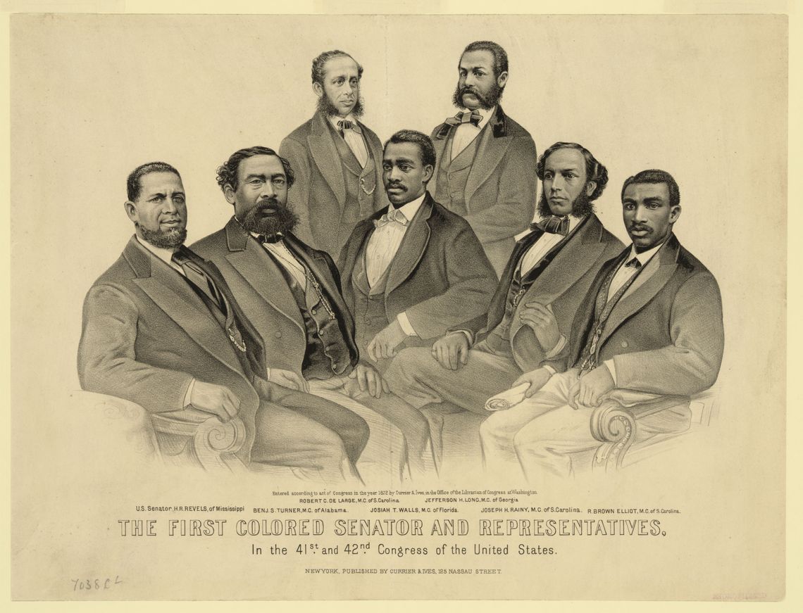 An illustration depicts the first Black Congressional representatives, including Sen. Hiram Rhodes Revels of Mississippi. 