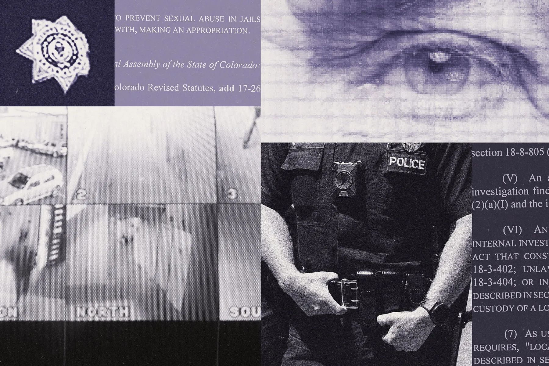 Purple-toned collage featuring a police badge, surveillance footage, a close-up of an eye, a police officer wearing a body camera and excerpts from Colorado law.
Caption: Over the course of five years, Aber allegedly logged into the county’s evidence database more than 3,000 times and viewed strip search videos of 117 incarcerated women, according to county and state officials.