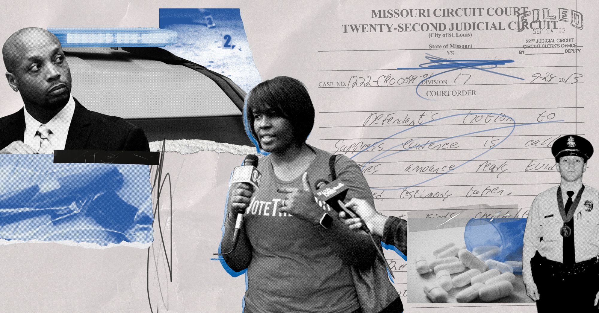 In a photo collage, from left, a photo of Former St. Louis Metropolitan Police Officer Lafeal Lawshea, a Black man; a gun in a clear plastic bag; a police vehicle; crime scene markers; Retired Sgt. Heather Taylor, a Black woman; white pills; a document from the Missouri Circuit Court that has handwriting that says “Defendant’s motion to suppress evidence is…”; and a photo of former Officer Ronald Vaughan.  