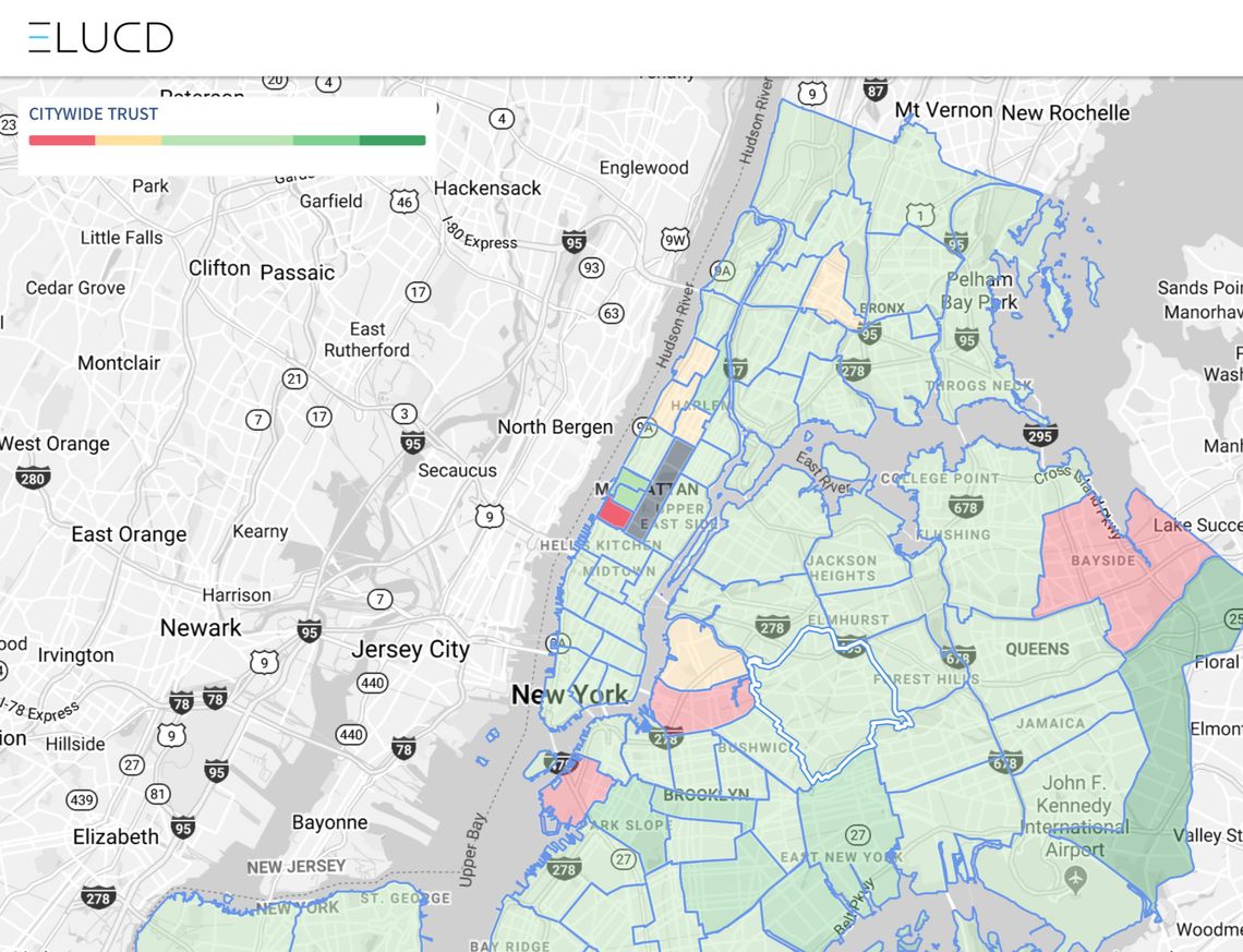 A map showing the change in trust of police from Jan. 1, 2018, to March 31, 2018. The meter measures public opinion about the police in nearly all of the NYPD’s 297 police sectors.
<span style="display:inline-block;background-color: #ef6270; padding: 0 2px;border-radius:4px;">Dark red:</span> Significant negative changes in trust, <span style="display:inline-block;background-color: #fcc3c8; padding: 0 2px;border-radius:4px;">Light red:</span> Negative changes in trust, <span style="display:inline-block;background-color: #ffe8bc; padding: 0 2px;border-radius:4px;">Yellow:</span> Within normal bounds, <span style="display:inline-block;background-color: #b9e3b2; padding: 0 2px;border-radius:4px;">Light green:</span> Positive changes in trust, <span style="display:inline-block;background-color: #84a78f; padding: 0 2px;border-radius:4px;">Dark green:</span> Significant positive changes in trust.