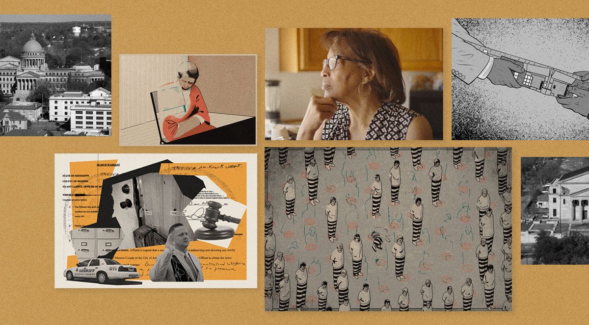 A collage shows illustrations of incarcerated people, black-and-white aerial photos of Jackson's justice complex, a photo of a Black woman looking out a window, an illustration of two people holding a model of a detention facility, and a collage of black-and-white photos of a filing cabinet, a broken door with bullet holes and labels, a judge’s gavel, a sheriff’s car, and a White man wearing a suit with his right hand raised. 