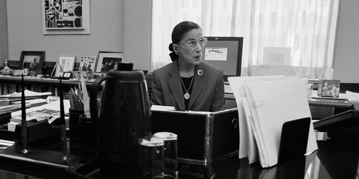  Supreme Court Justice Ruth Bader Ginsburg sits in her chambers in 2002 in Washington, DC.