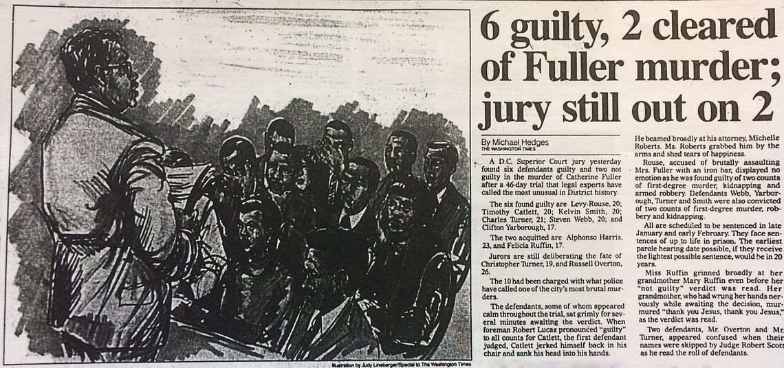 The defendants in the Catherine Fuller murder trial listen as jury foreman Robert Lucas reads the verdicts in court in December 1985. 