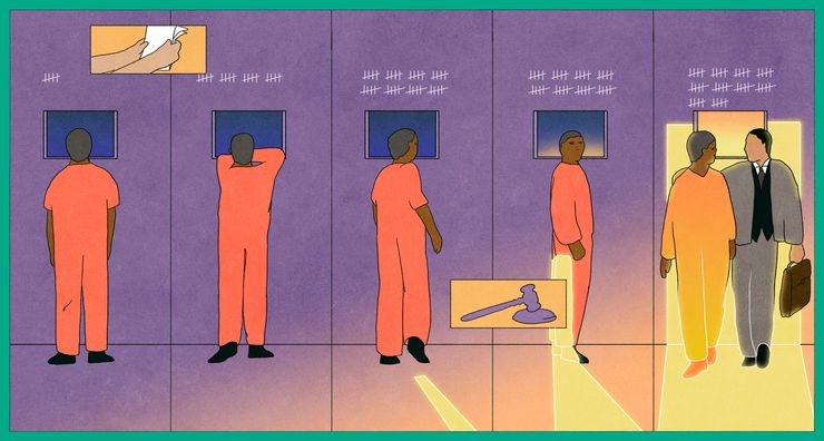 A rectangular illustration divided into five vertical panels shows a person in a prison cell looking out a dark window, crossing numbers of years off on the wall as time passes. In the middle of the illustration, there is an image of a gavel in a small rectangle. In the third panel, a beam of light appears on the floor, and in the following panel, that beam of light gets larger, indicating an opening door. The last panel shows the person being led out of the prison cell by a prosecutor in a suit and with a briefcase.   