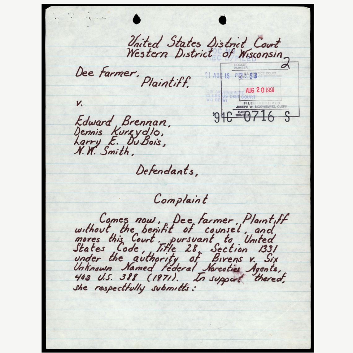 A scanned document from a complaint by Dee Farmer in 1991.