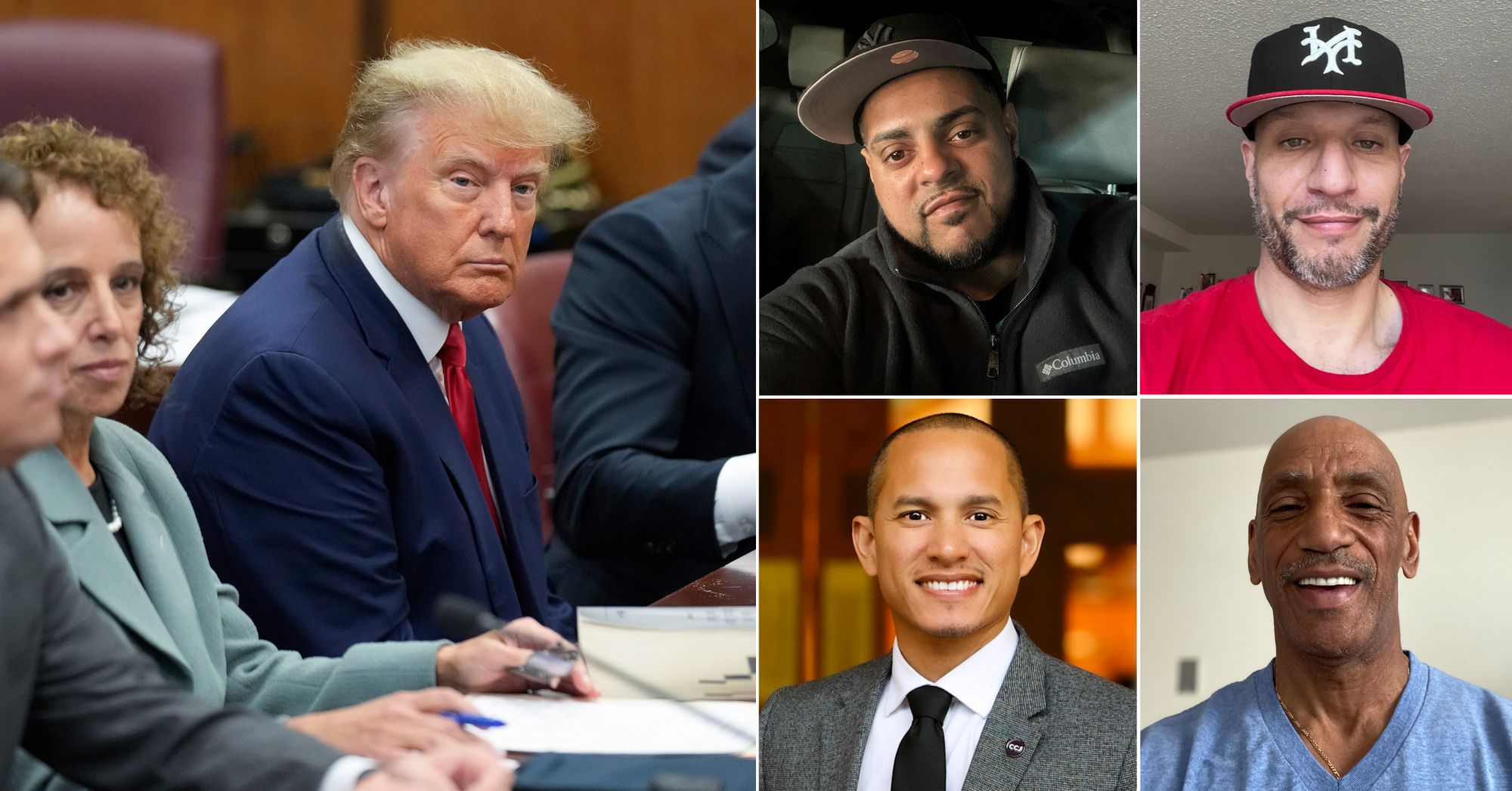 Clockwise from top left: Donald Trump, a White man wearing a dark blue suit and red tie, sits in court with a few other people; Freddy Medina, a man with medium-toned skin; Ariel Beltran, a man with medium-toned skin; Greg Mingo, a Black man; and Khalil Cumberbatch, a man with medium-toned skin.  