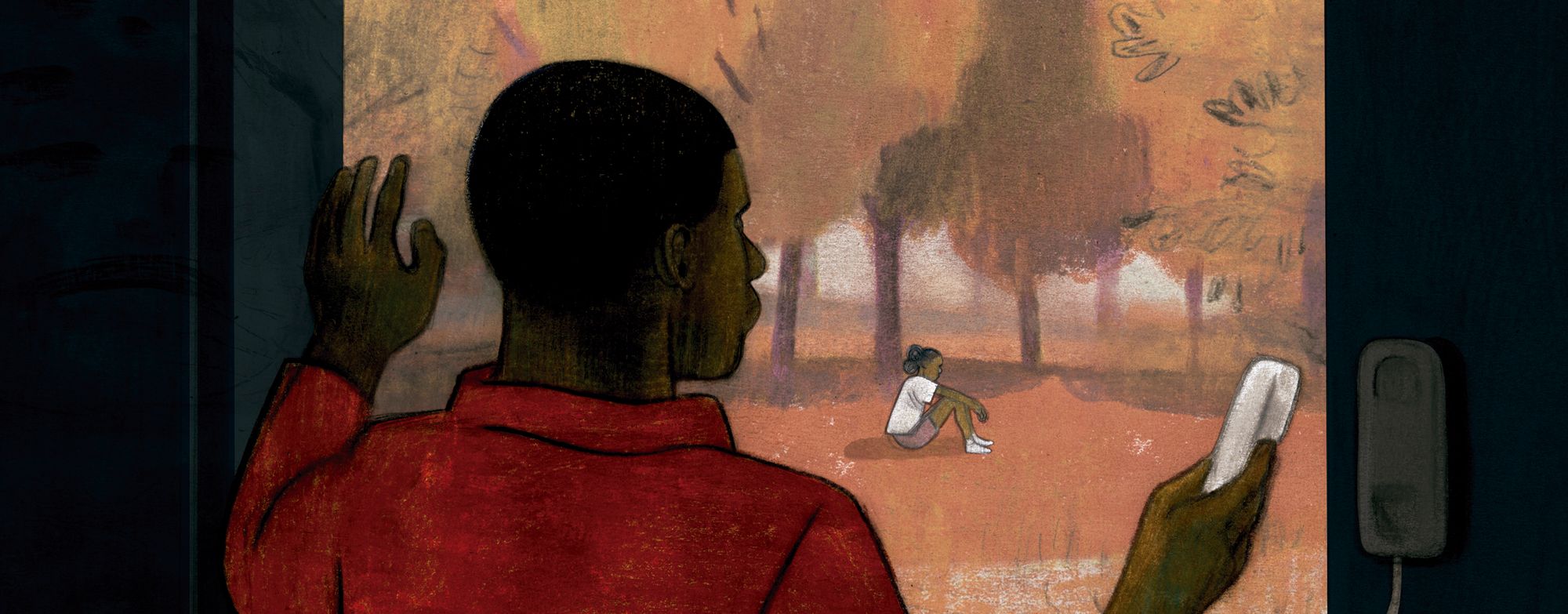 An illustration showcases Demetrius Buckley, who is currently incarcerated, in an orange prison suit and holding onto a phone. He looks through a window at his daughter, who is sitting alone in a park. 