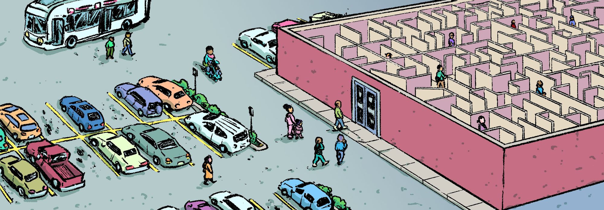 In an illustration, people walk from a parking lot of cars and a bus into a building. Inside the building is a maze. 