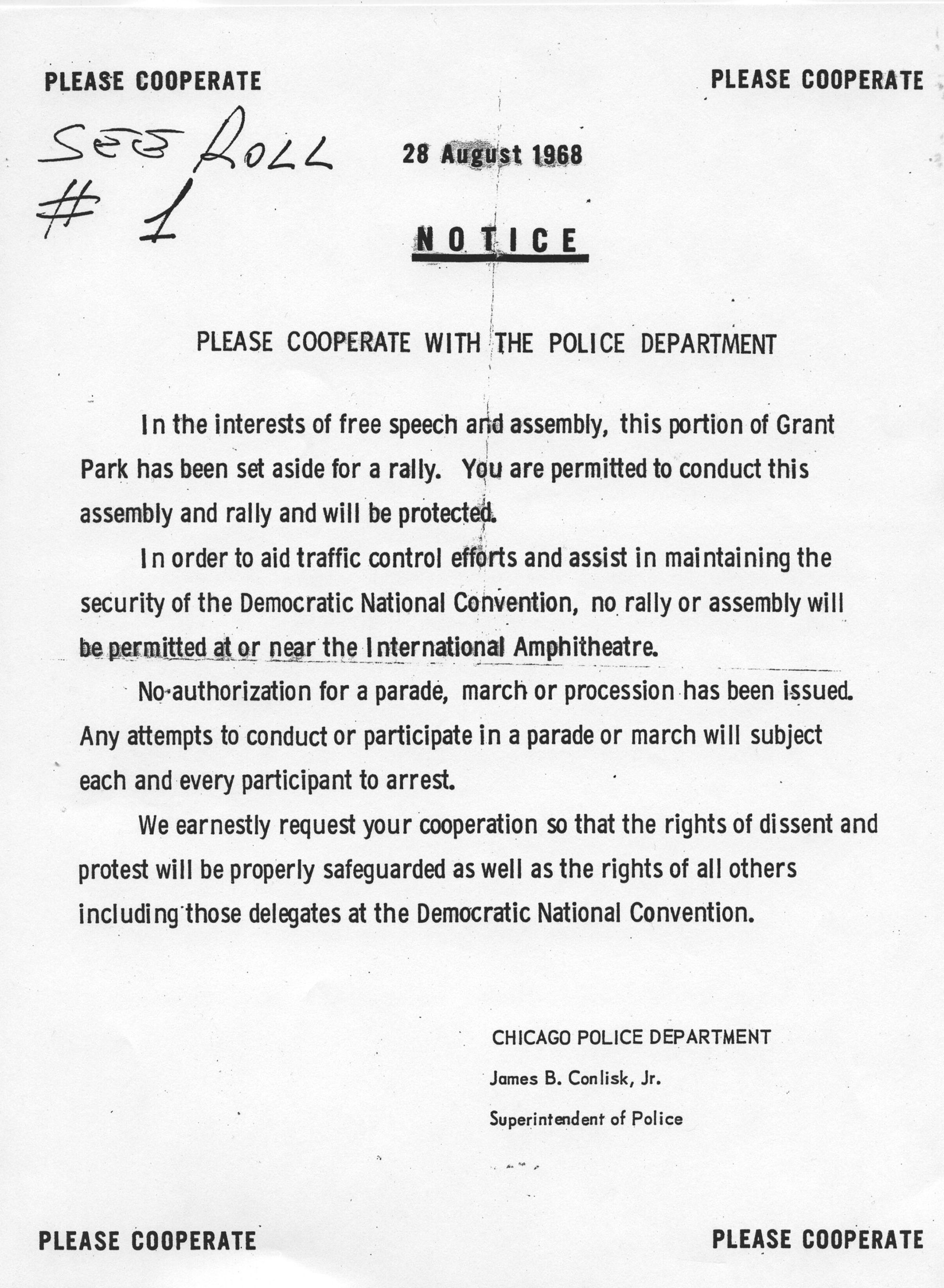 A scan of a police memo dated “28 August 1968.” The top reads in all capital letters, “Notice: Please cooperate with the police department.”